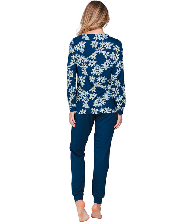 Dark blue organic cotton ladies pyjama with long sleeves Flower Blooms