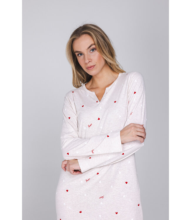 Beige nightdress with round neck V and long sleeves True Love