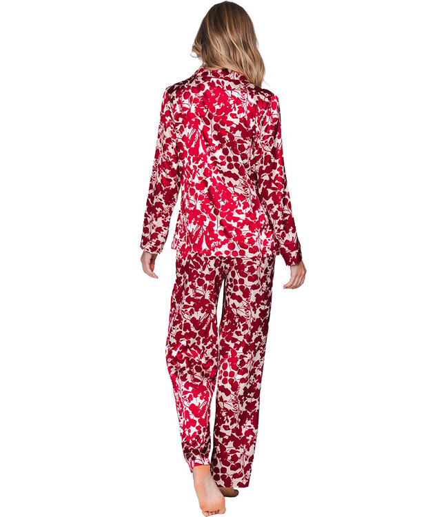 Rood satin stretch damespyjama knoopsluiting Autumn Flower