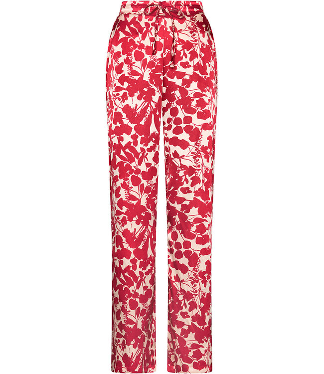 Red satin stretch ladies pyjama full button Autumn Flower