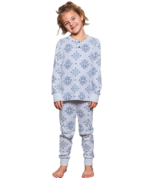 Donkerblauwe meisjes pyjama van wafelstof Snowflake Sparkle