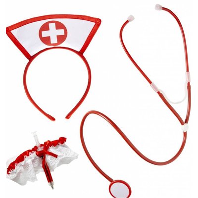 Faschings-accessoires: Krankeschwesterset, Spritz, Strumpfband, Stethoskop, Käppchen