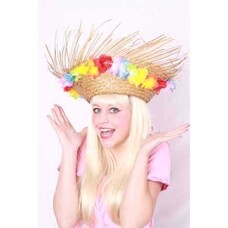 Karneval- & Festzubehör: Strohhut Ausfransen mit Blumen