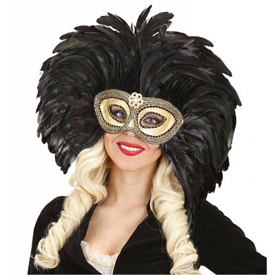Augenmasken: Masker in gold mit schwarze Federn