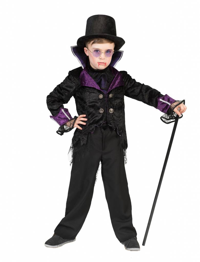 Funny Fashion - Vampier & Dracula Kostuum - Valdemar De Vampier - Jongen - paars,zwart - Maat 140 - Halloween - Verkleedkleding