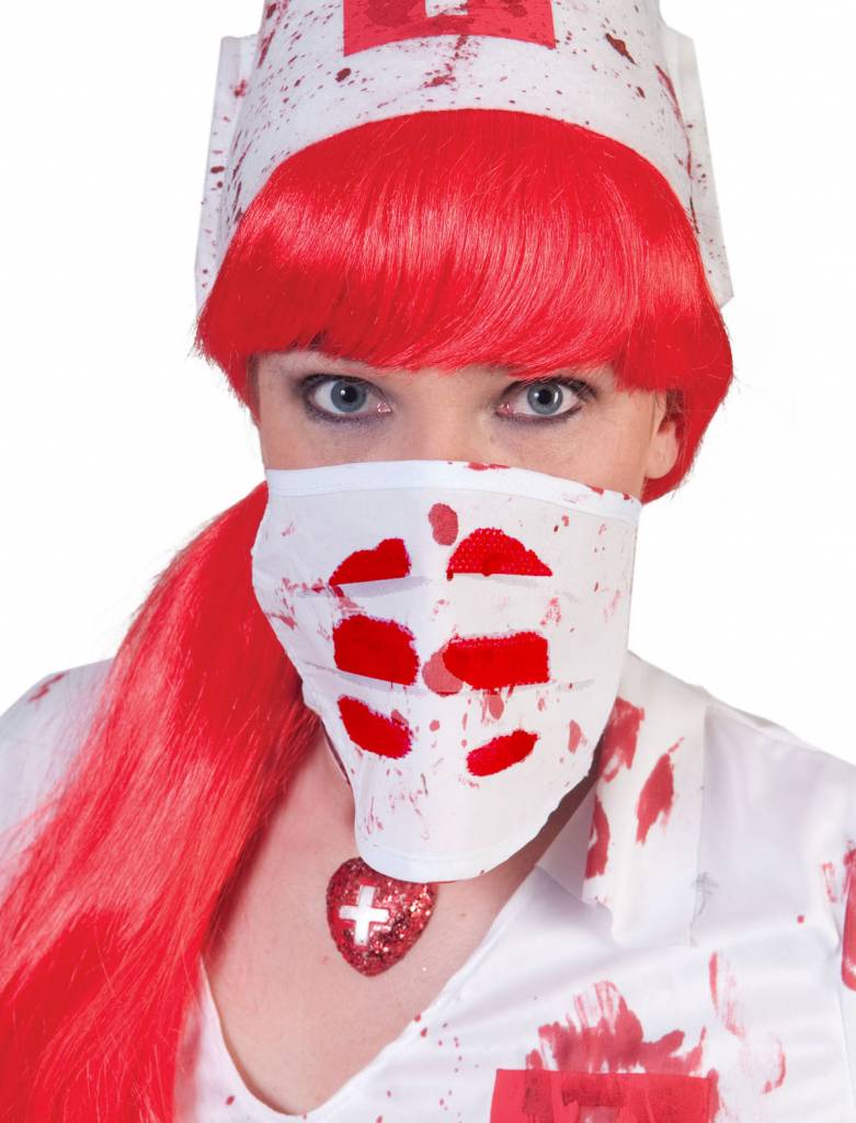 Eng mond kapje met bloed voor de zombie verpleegster