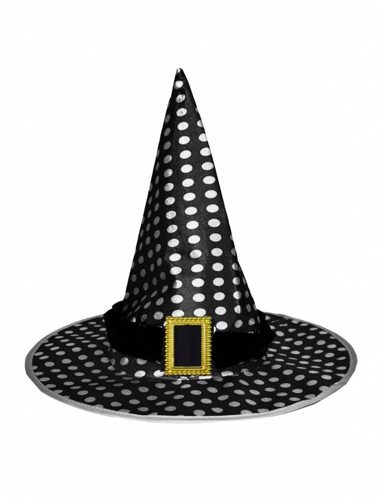 dak Beeldhouwwerk bestuurder Mooie heksen hoed zwart met witte stippen - e-Carnavalskleding