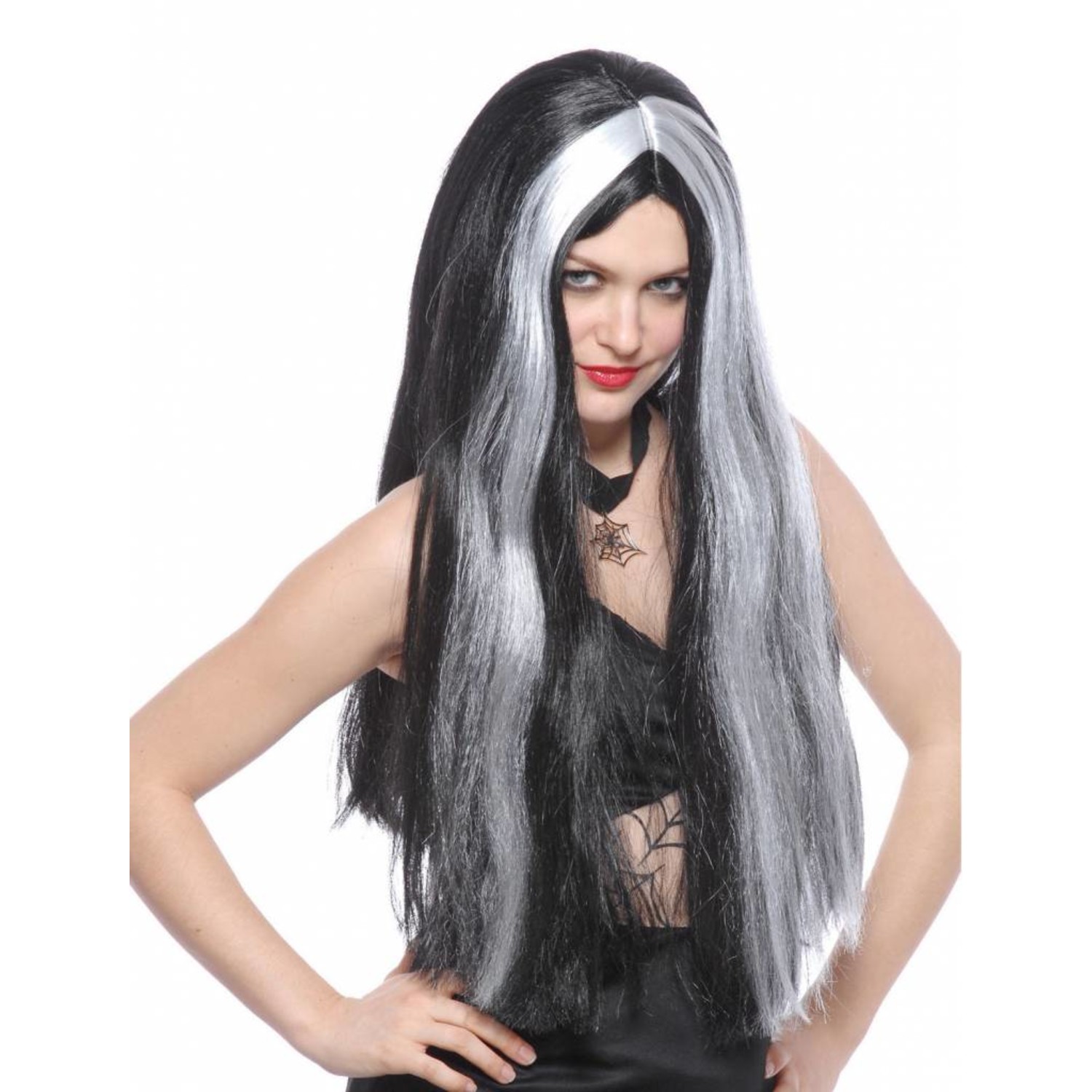 Monteur bleek Ongeldig Zwarte heksen pruik lang haar met grijze highlights - e-Carnavalskleding
