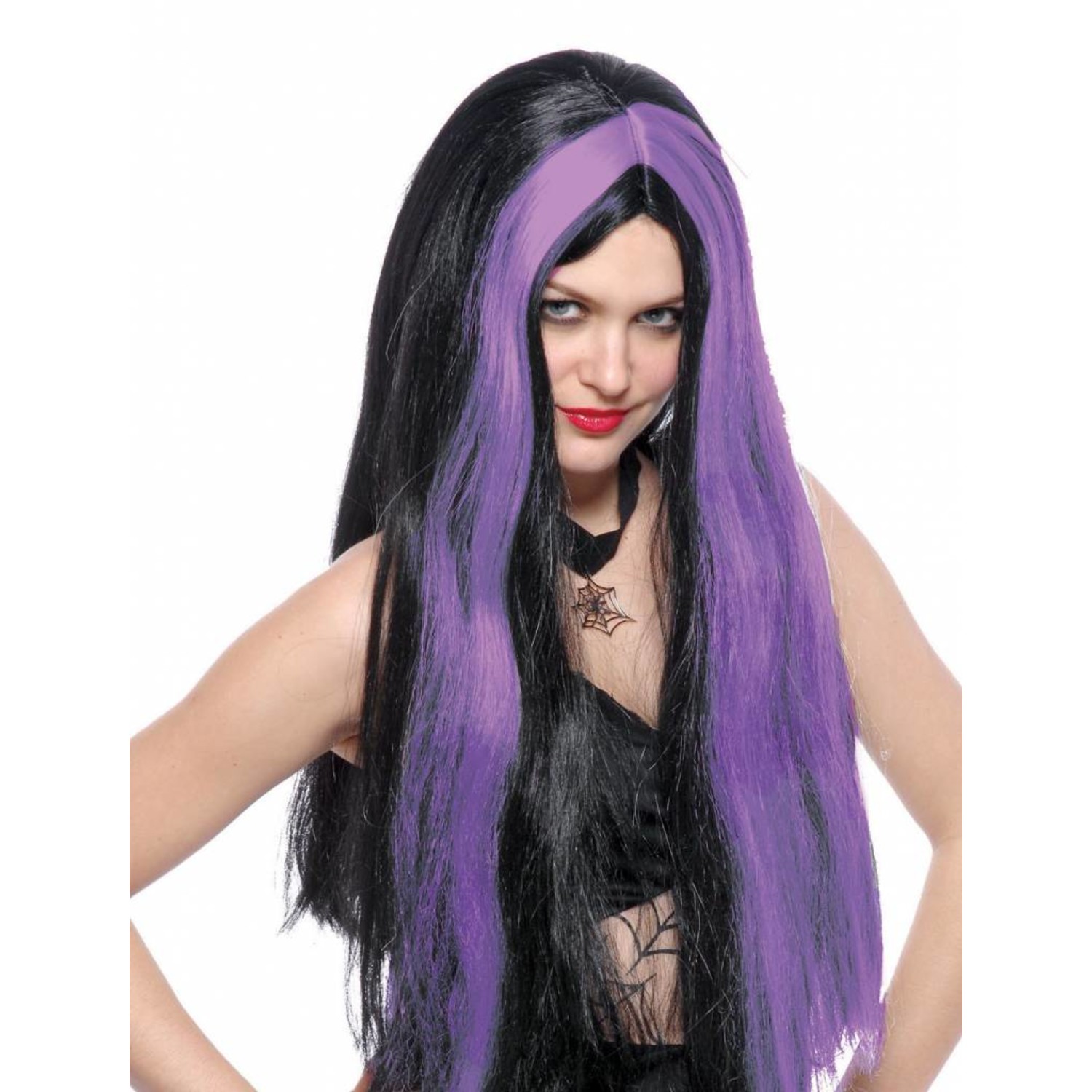 Ik heb een contract gemaakt Sportschool Goed opgeleid Heksenpruik zwart lang haar met paarse highlights - e-Carnavalskleding