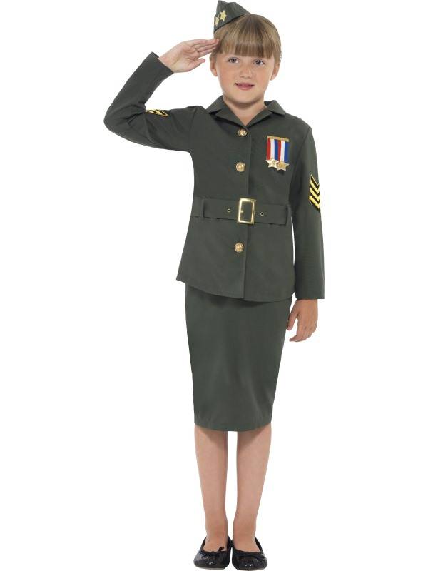 Smiffys Kinder Kostuum -Kids tm 9 jaar- WW2 Army Girl Groen