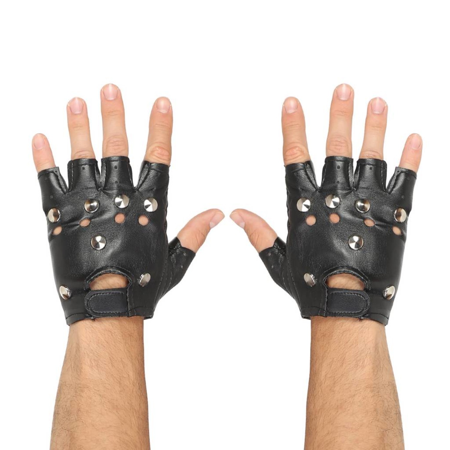 Publiciteit volume Voorwoord Zwarte vingerloze punk handschoenen met studs