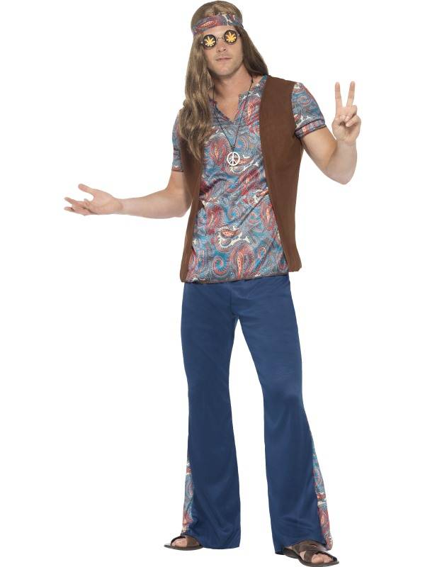 SMIFFYS - Blauw hippie peace kostuum voor mannen - S - Volwassenen kostuums