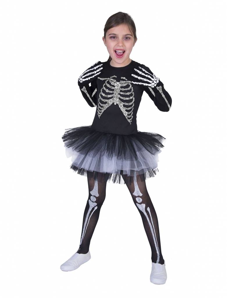 Funny Fashion - Spook & Skelet Kostuum - Dansend Ballet Skelet - Meisje - - Maat 152 - Halloween - Verkleedkleding