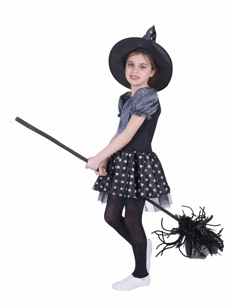 Funny Fashion - Heks & Spider Lady & Voodoo & Duistere Religie Kostuum - Magische Melkweg Heks - Meisje - zwart,zilver - Maat 98 - Halloween - Verkleedkleding