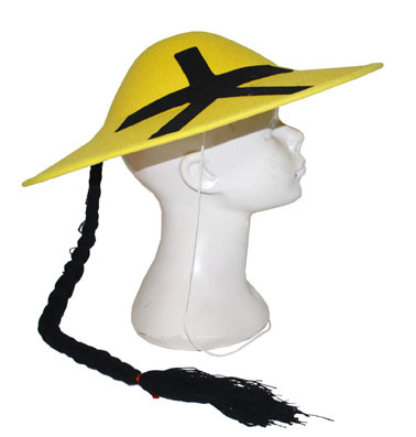 Geel Chinezen/Aziatische verkleed thema hoedje met vlecht - Carnaval hoeden