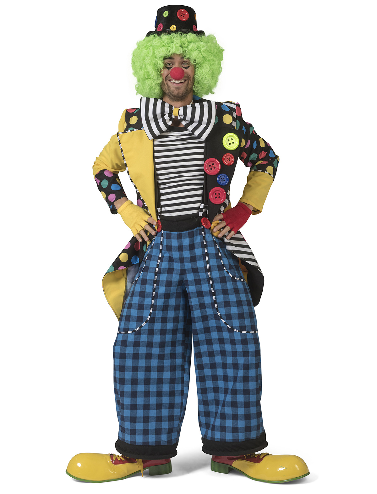 Funny Fashion - Clown & Nar Kostuum - Enorme Knopen Jas Clown August - Man - geel,zwart - Maat 48-50 - Carnavalskleding - Verkleedkleding