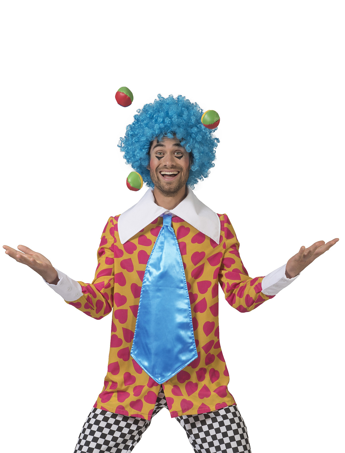 Funny Fashion - Clown & Nar Kostuum - Clown Van De Liefde Hartjes Hemd Met Dol Brede Das Man - blauw,geel,roze - Maat 56-58 - Carnavalskleding - Verkleedkleding