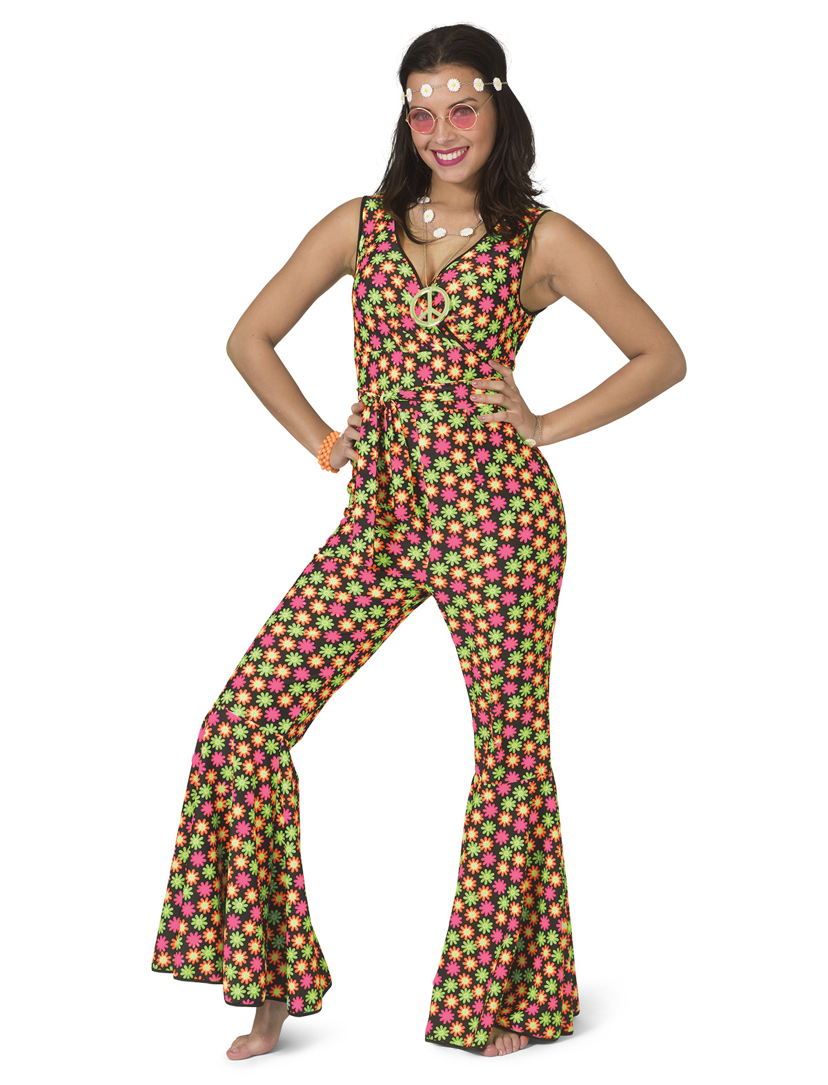 Funny Fashion - Hippie Kostuum - Fluor Flower Power Goes Disco - Vrouw - geel,roze - Maat 40-42 - Carnavalskleding - Verkleedkleding