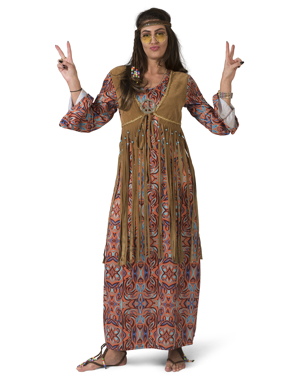 Funny Fashion - Hippie Kostuum - Lange Hippie Happening Jaren 60 - Vrouw - roze - Maat 36-38 - Carnavalskleding - Verkleedkleding