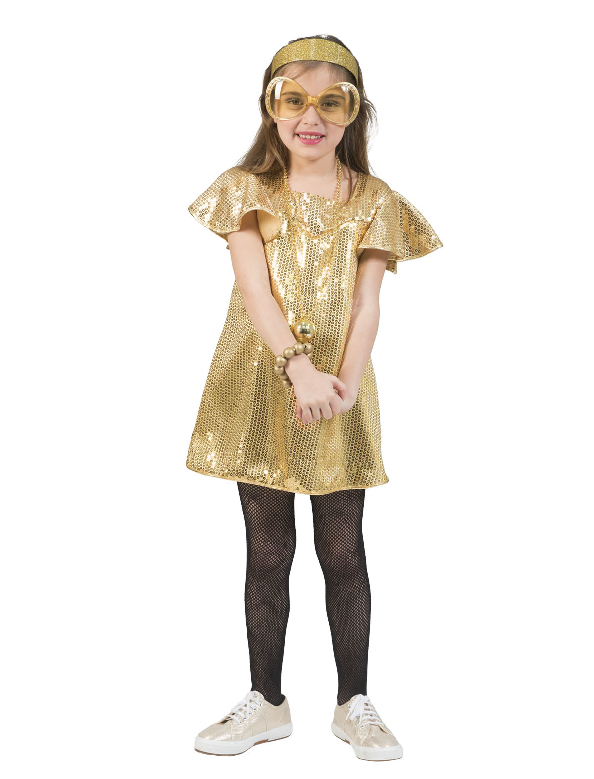 Funny Fashion - Jaren 80 & 90 Kostuum - Love Is Gold Jaren 70 Disco - Meisje - goud - Maat 116 - Carnavalskleding - Verkleedkleding