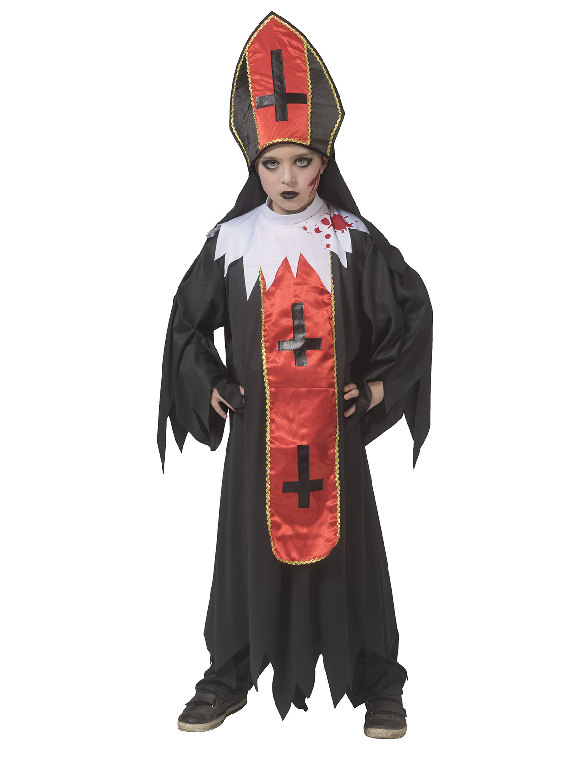 Funny Fashion - Monnik & Pater & Priester Kostuum - Horror Paus Duistere Religie Kind Kostuum - rood,zwart - Maat 164 - Halloween - Verkleedkleding
