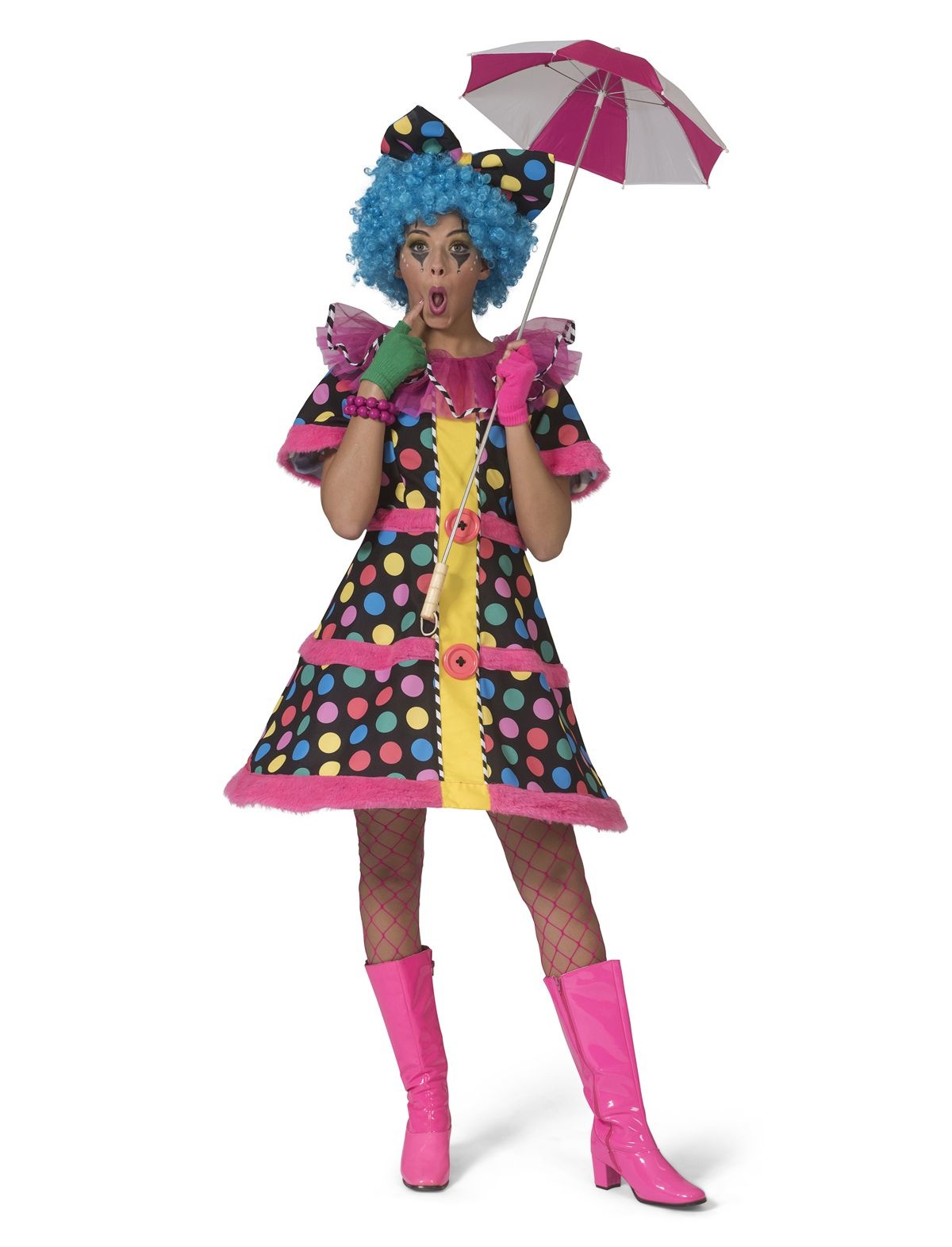 Funny Fashion - Clown & Nar Kostuum - Hotty Dotty Multicolor Regenboog Stippen Clown - Vrouw - zwart,multicolor - Maat 44-46 - Carnavalskleding - Verkleedkleding