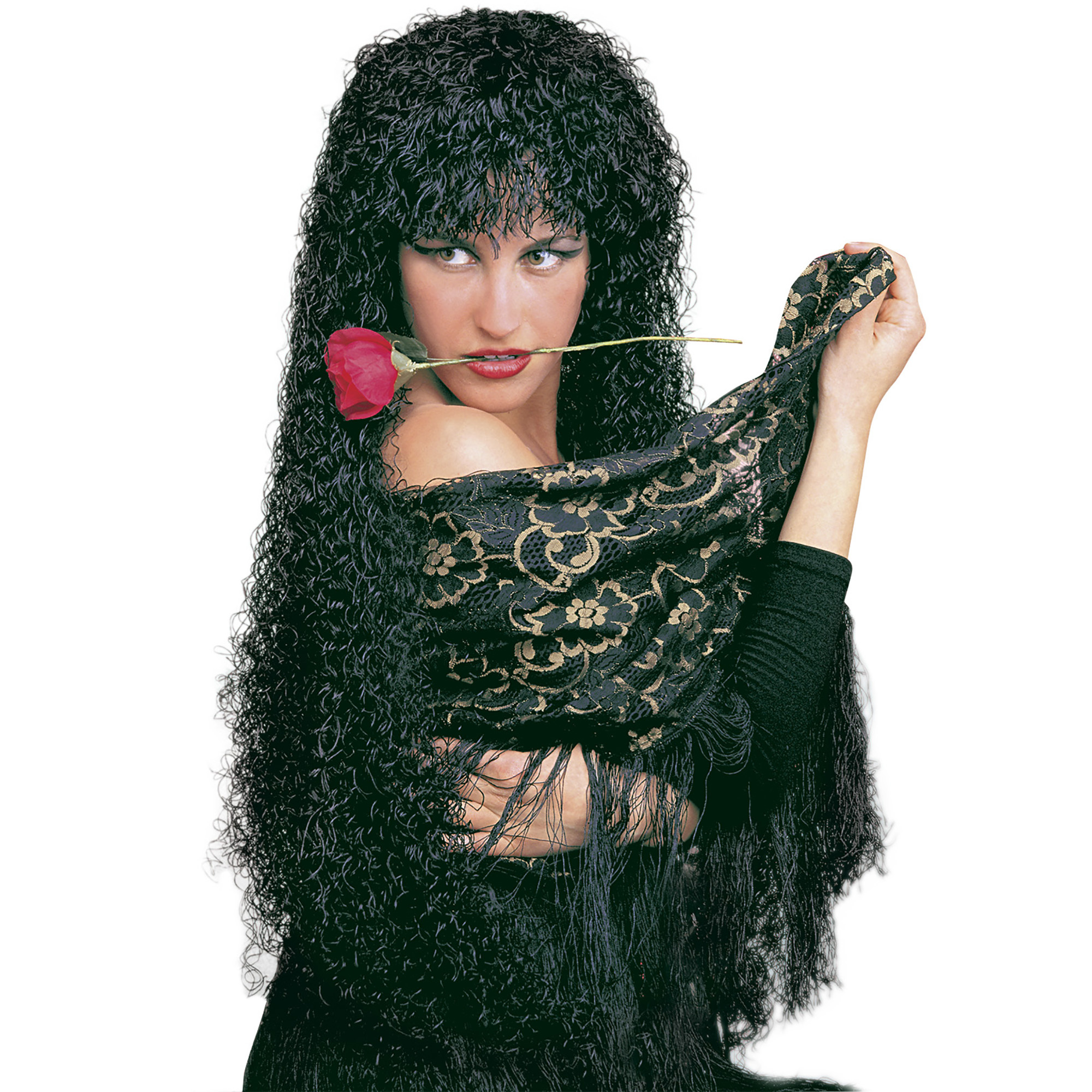 tetraëder slepen Sandy Zwarte pruik zigeunerin Ela met lang krullend haar
