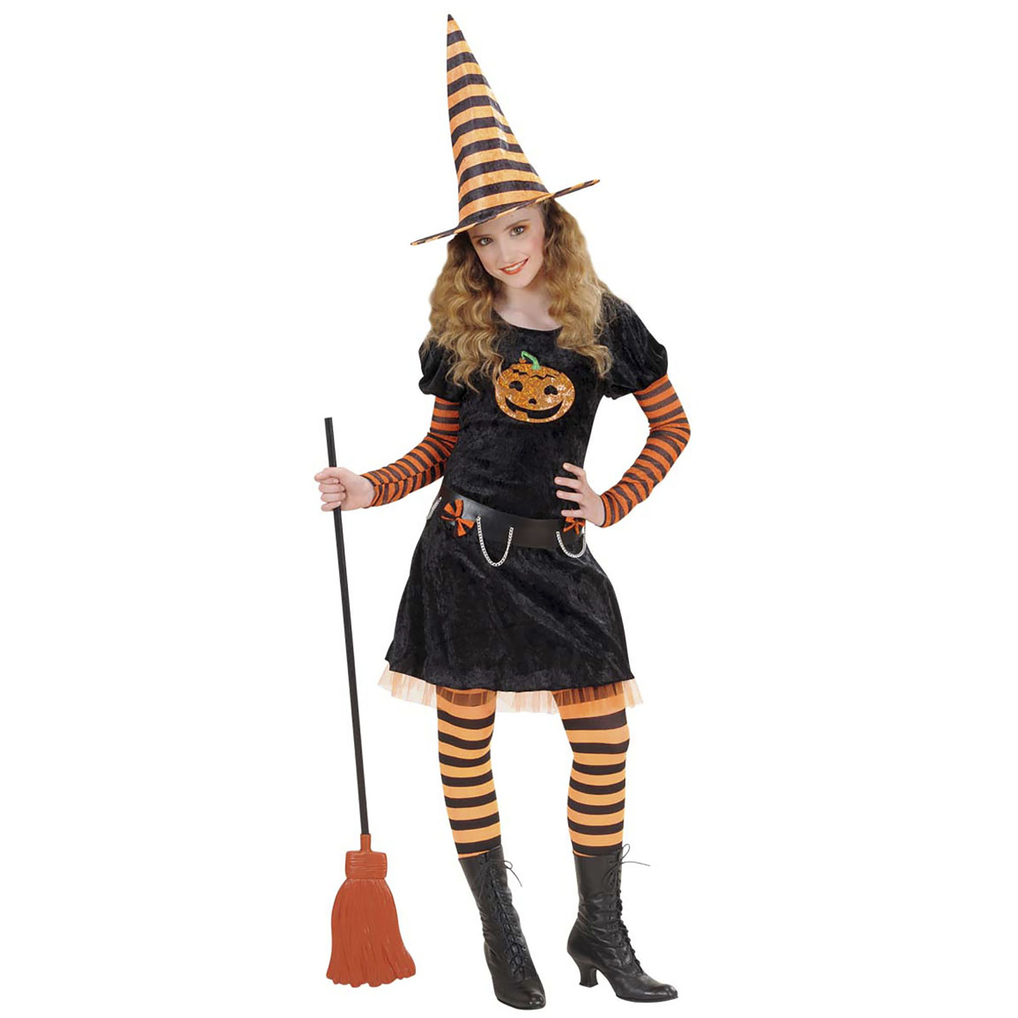 Widmann - Heks & Spider Lady & Voodoo & Duistere Religie Kostuum - Halloween Heks Pompoen Kostuum Meisje - oranje,zwart - Maat 140 - Halloween - Verkleedkleding
