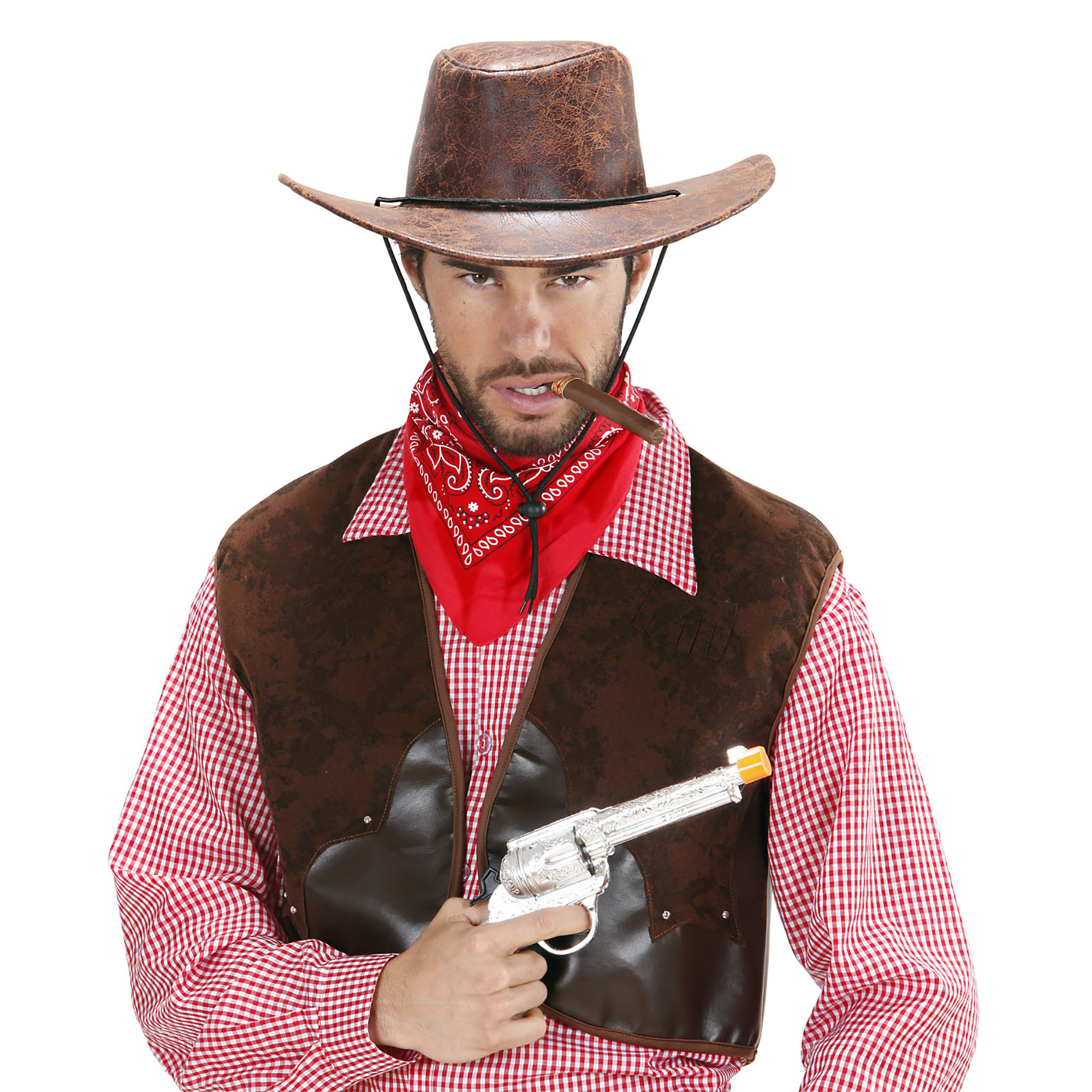 Widmann - Cowboy & Cowgirl Kostuum - Cowboyhoed Lederlook Bruin - bruin - Carnavalskleding - Verkleedkleding