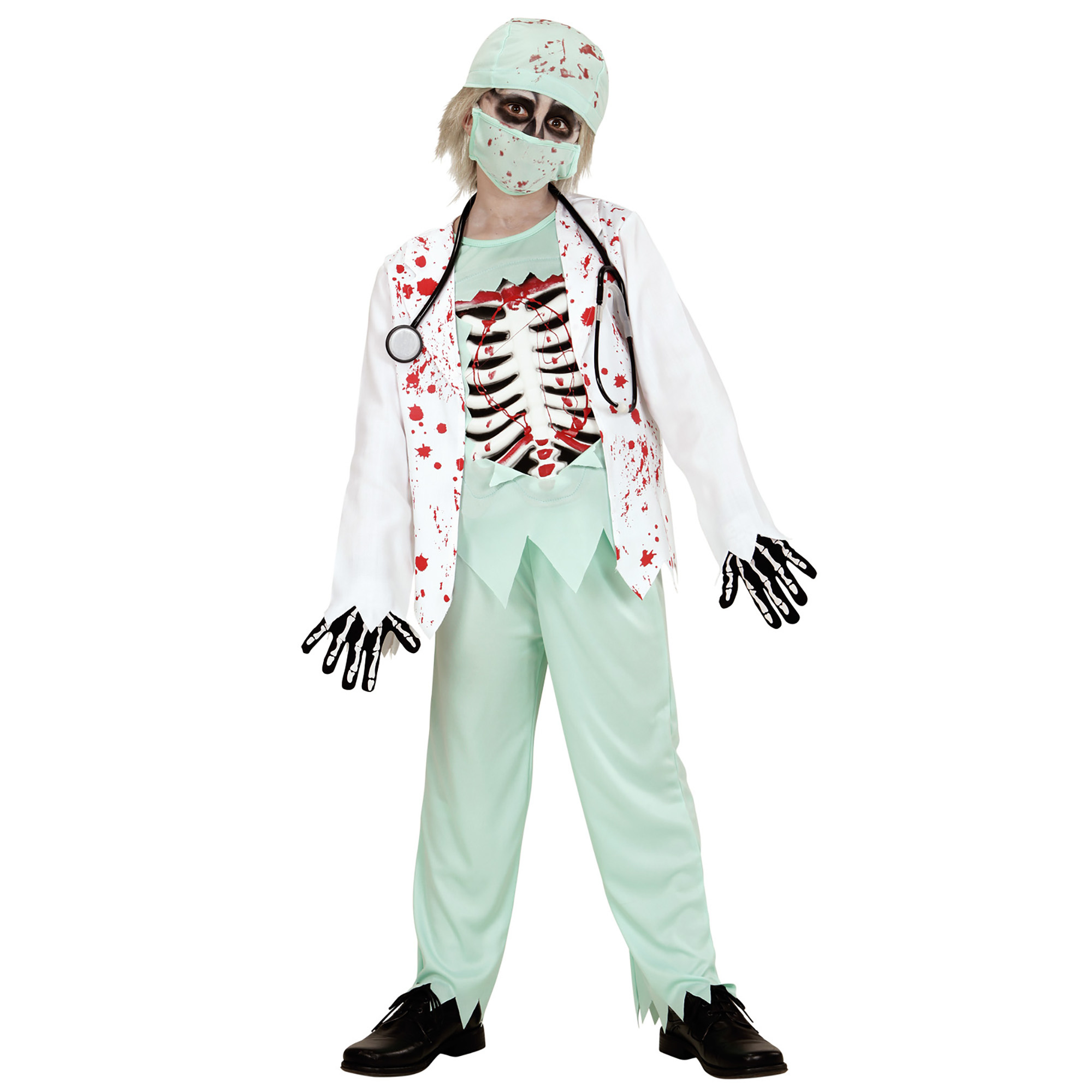 Widmann - Zombie Kostuum - Skelet Zombie Dokter - Jongen - groen,wit / beige - Maat 158 - Halloween - Verkleedkleding