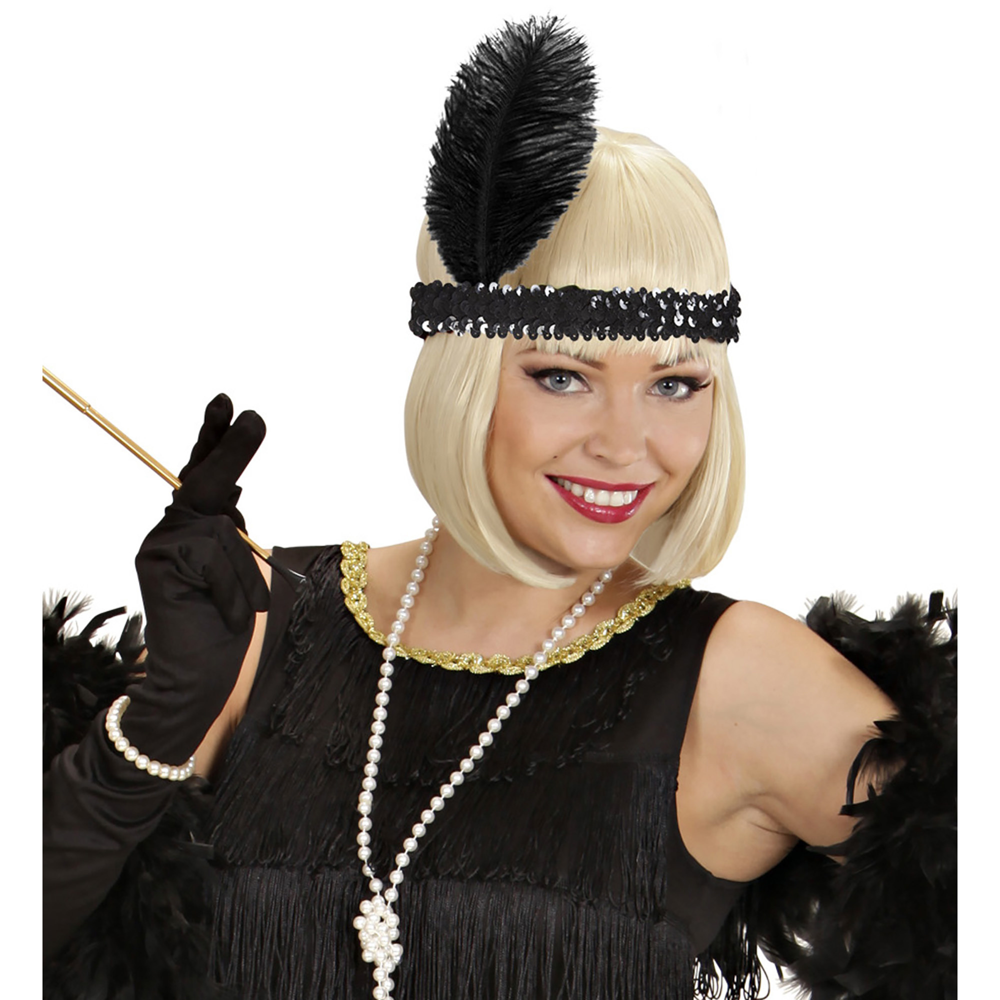Widmann - Jaren 20 Danseressen Kostuum - Roaring 20s Pailletten Hoofdband Met Zwarte Veer - zwart - Carnavalskleding - Verkleedkleding