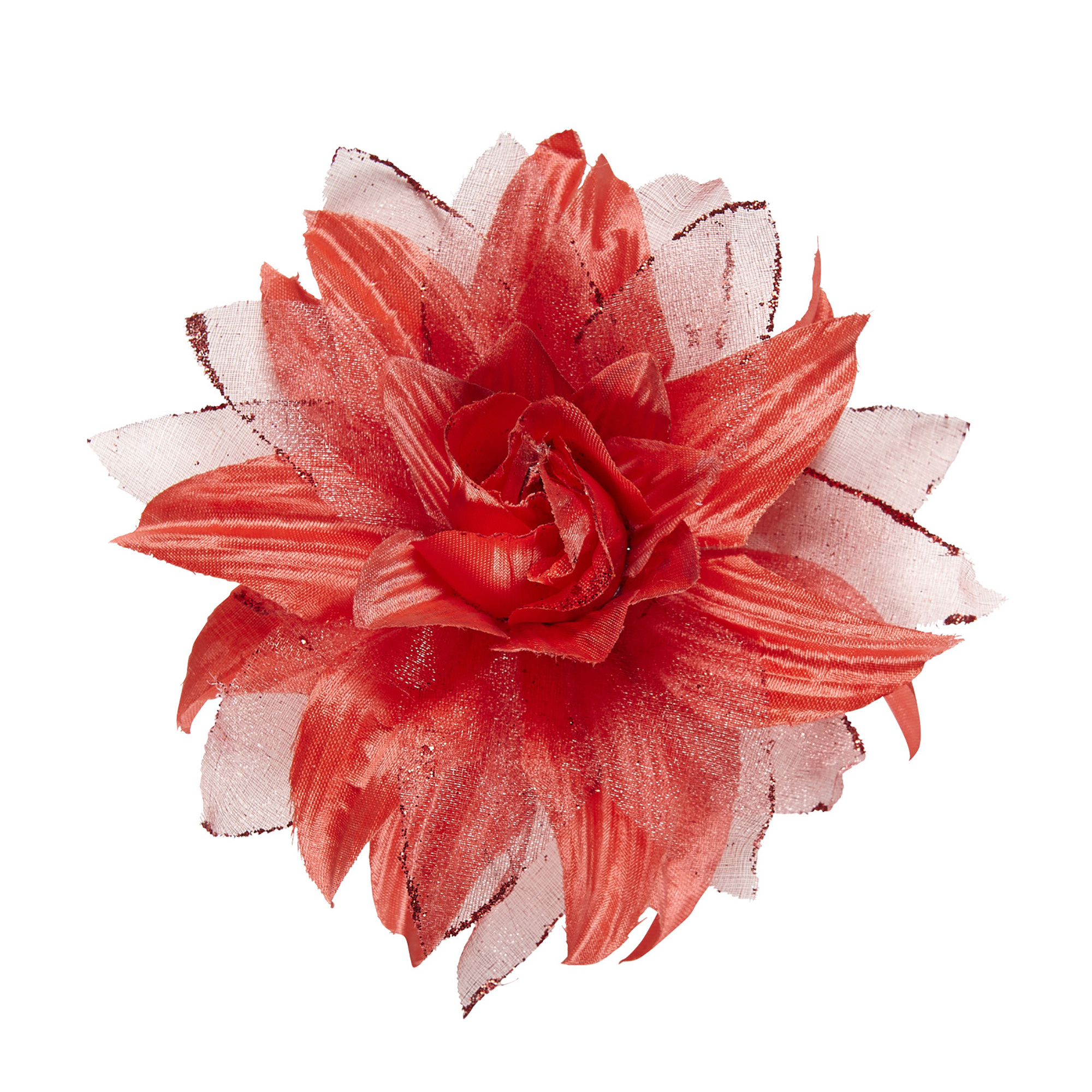 Rode haarbloem op clip met glitters 14 cm - Hawaii haar bloemen - Thema verkleed feestartikelen