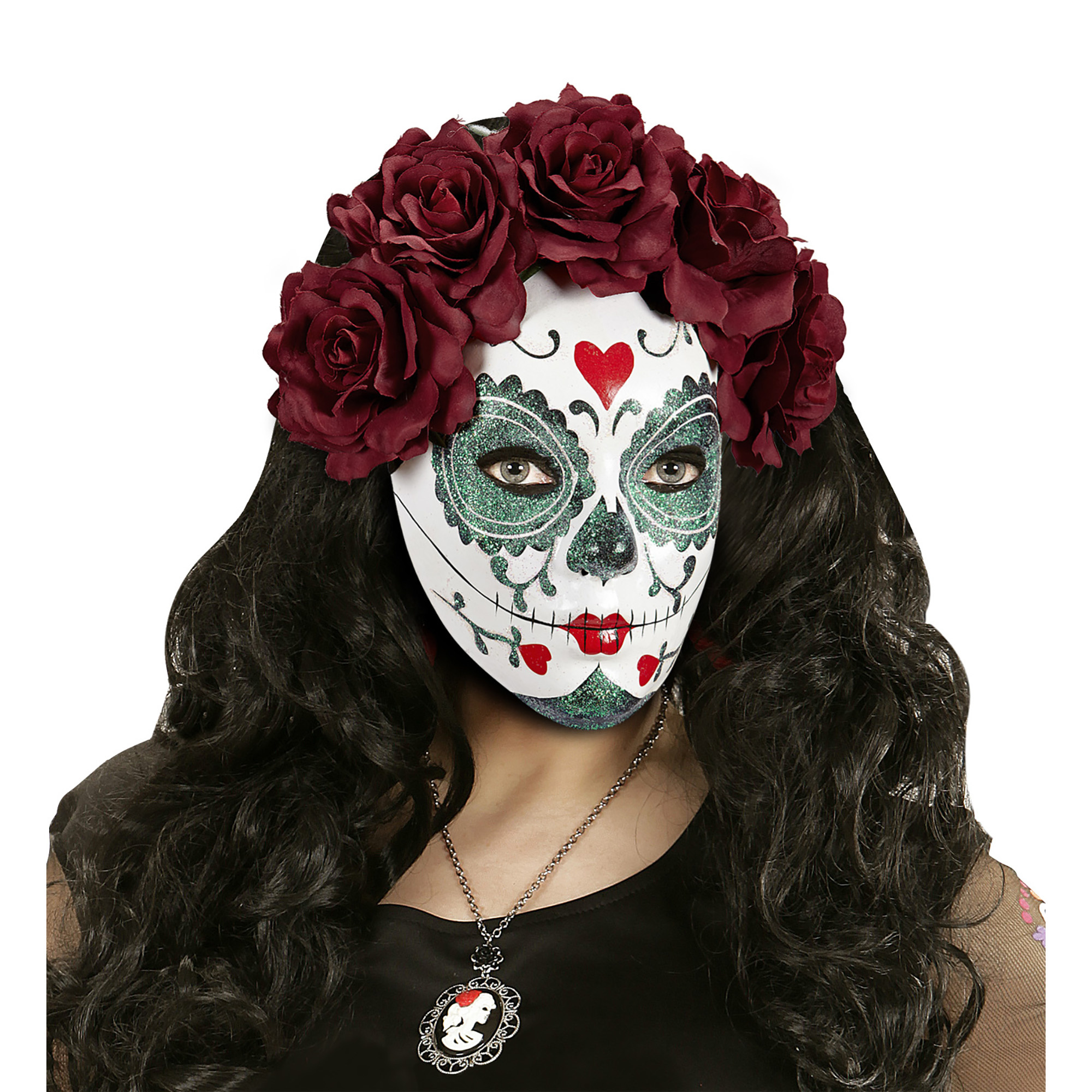 WIDMANN - Dia de los Muertos masker met rode rozen voor volwassenen - Maskers > Half maskers