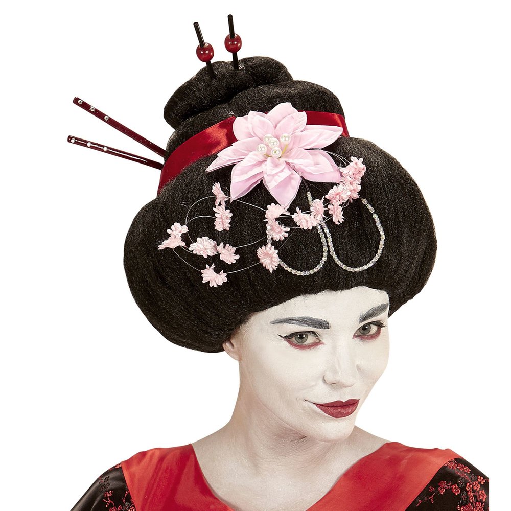 Coördineren Vlieger voldoende Japanse Geisha pruik met stokjes en bloemen
