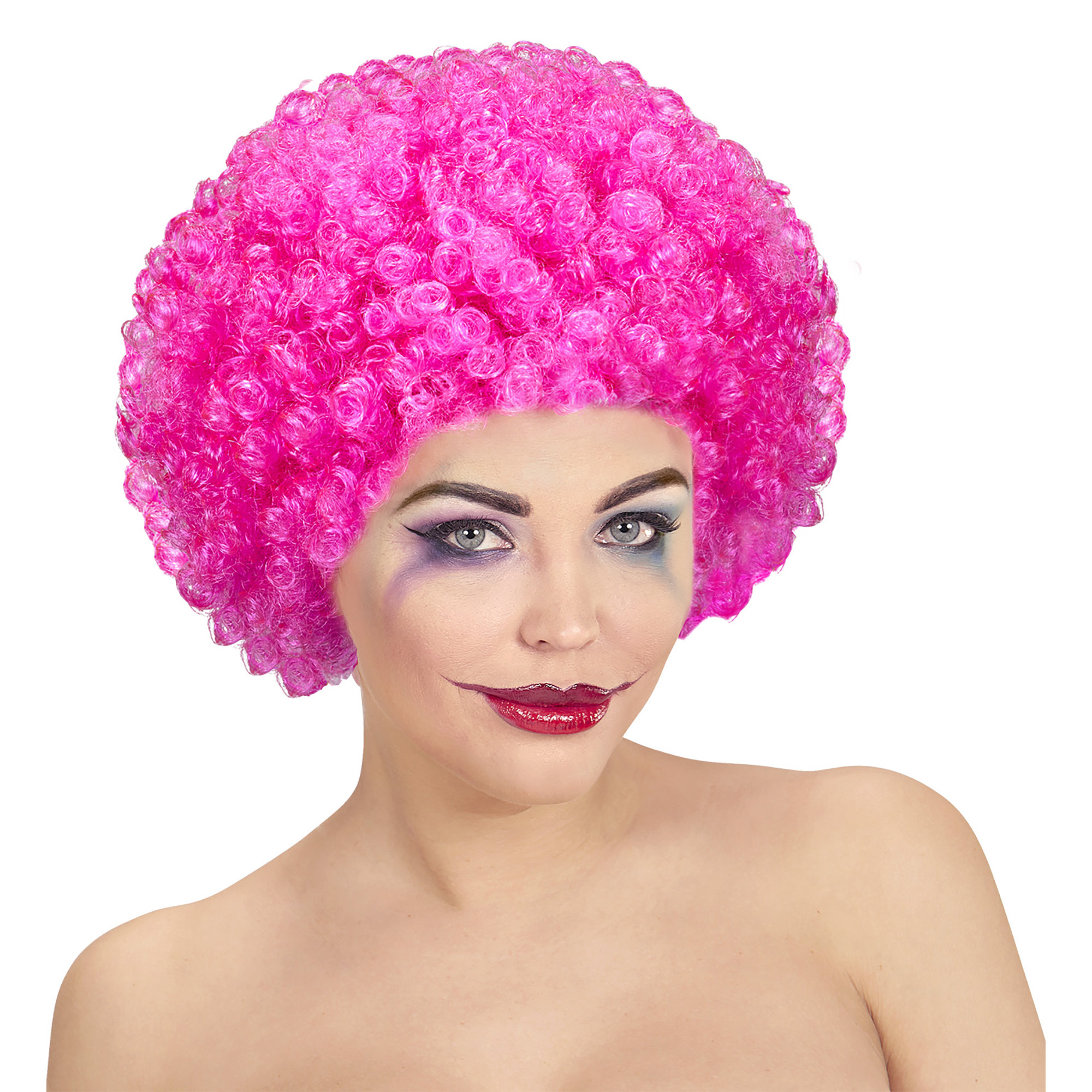 Widmann - Clown & Nar Kostuum - Afro Clownpruik Krullen, Roze - roze - Carnavalskleding - Verkleedkleding