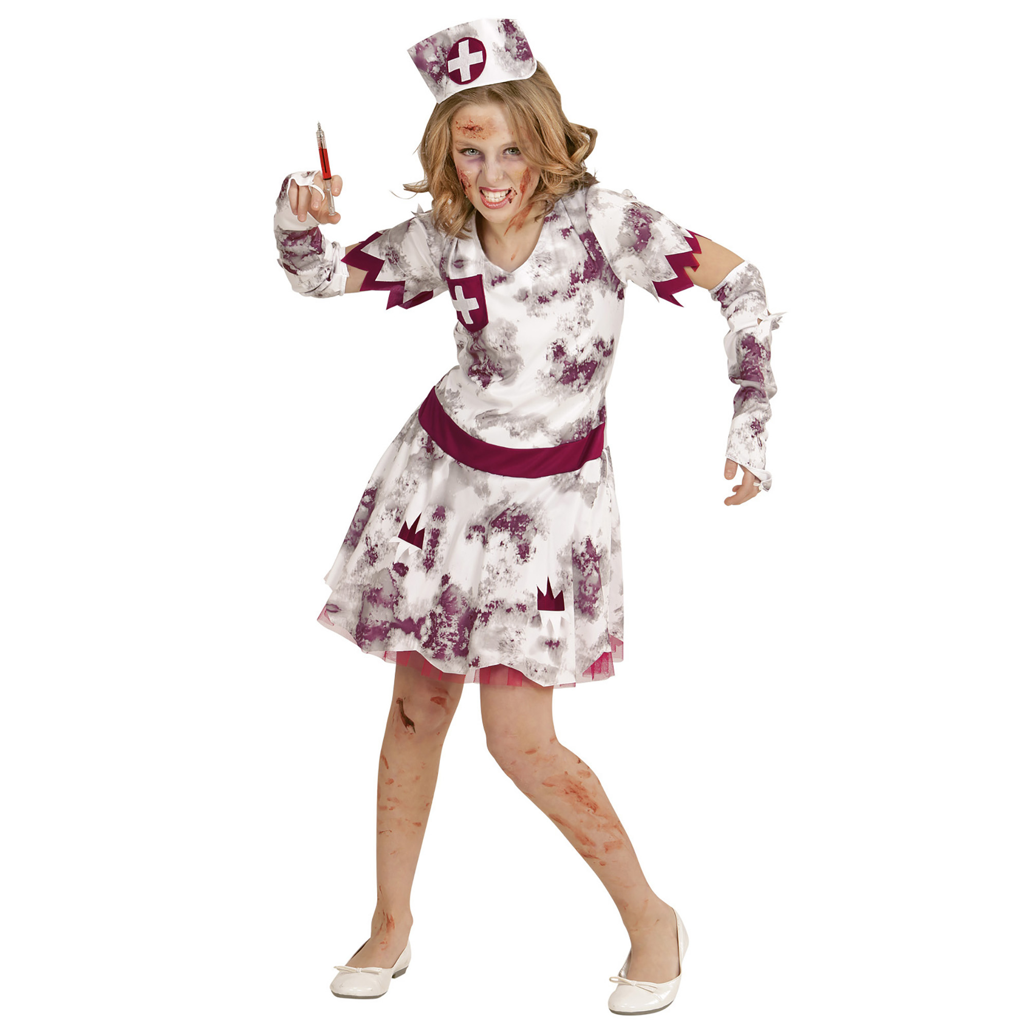 Widmann - Zombie Kostuum - Zombie Izzy Verpleegster - Meisje - Rood, Wit / Beige - Maat 140 - Halloween - Verkleedkleding