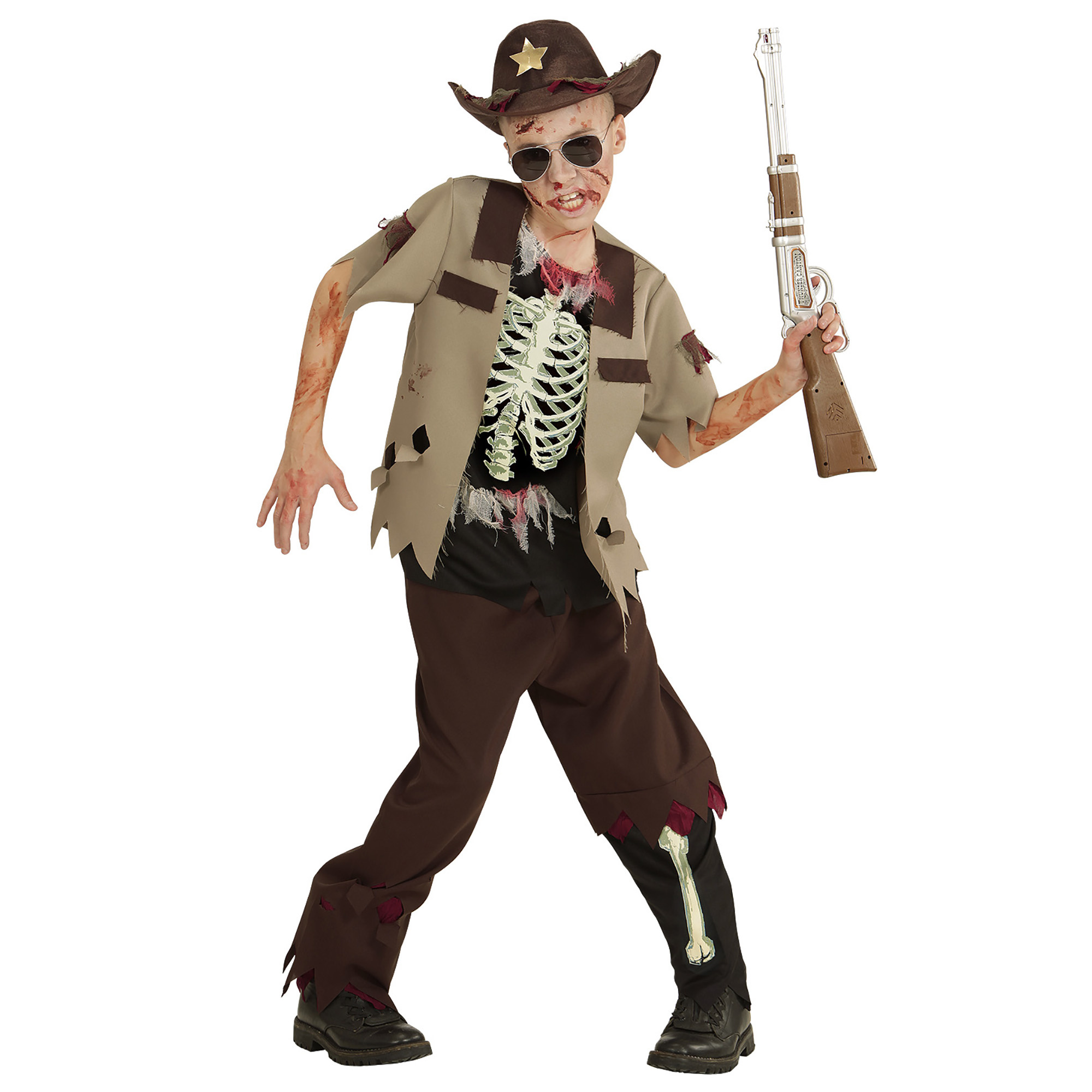 Widmann - Zombie Kostuum - Zombie Sheriff Navajo - Jongen - Bruin - Maat 140 - Halloween - Verkleedkleding