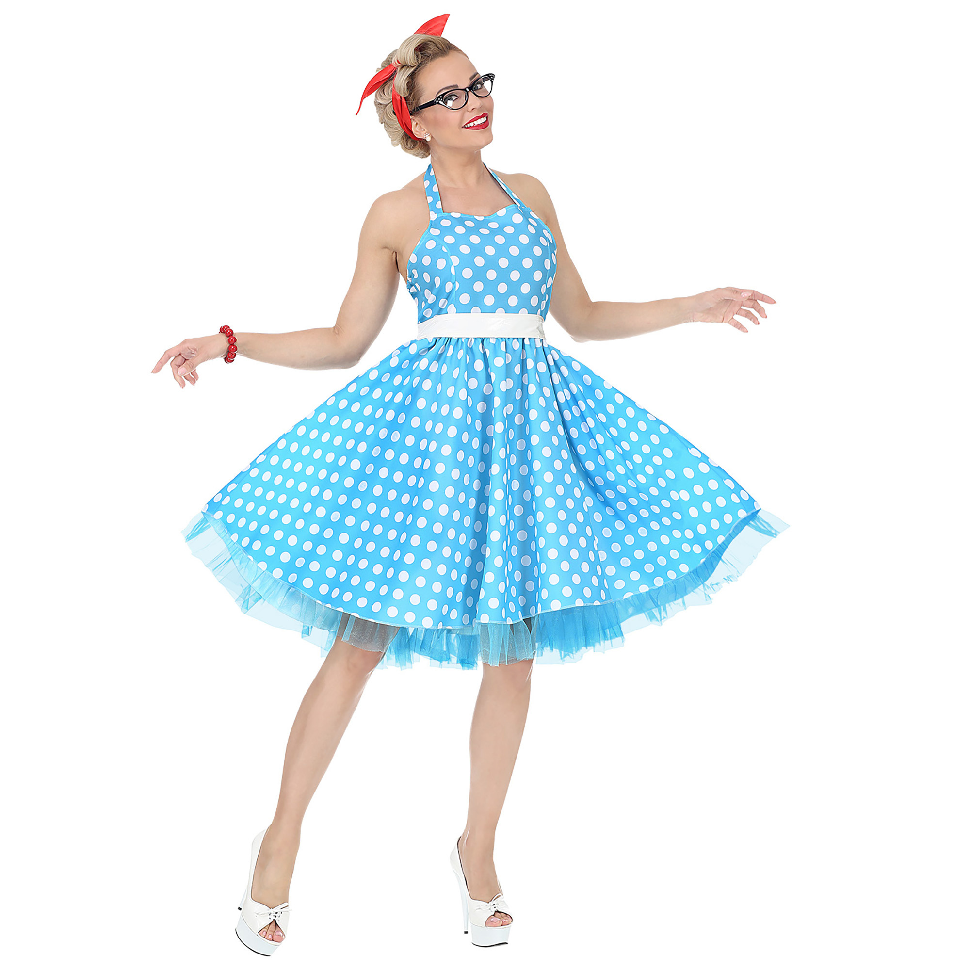 50 jurk blauw met witte stippen - e-Carnavalskleding