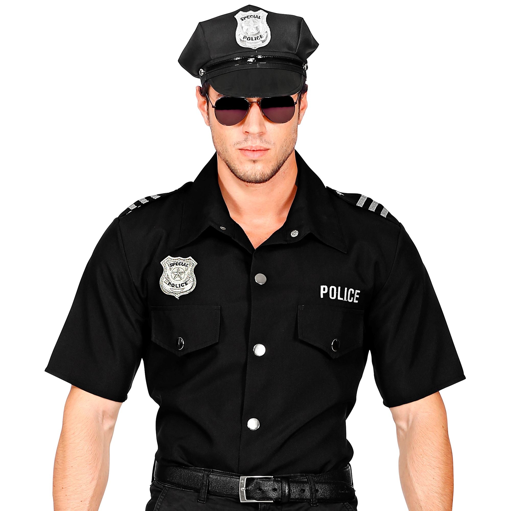 Widmann - Politie & Detective Kostuum - Uniform Shirt Politie Agent Man - zwart - Large / XL - Carnavalskleding - Verkleedkleding