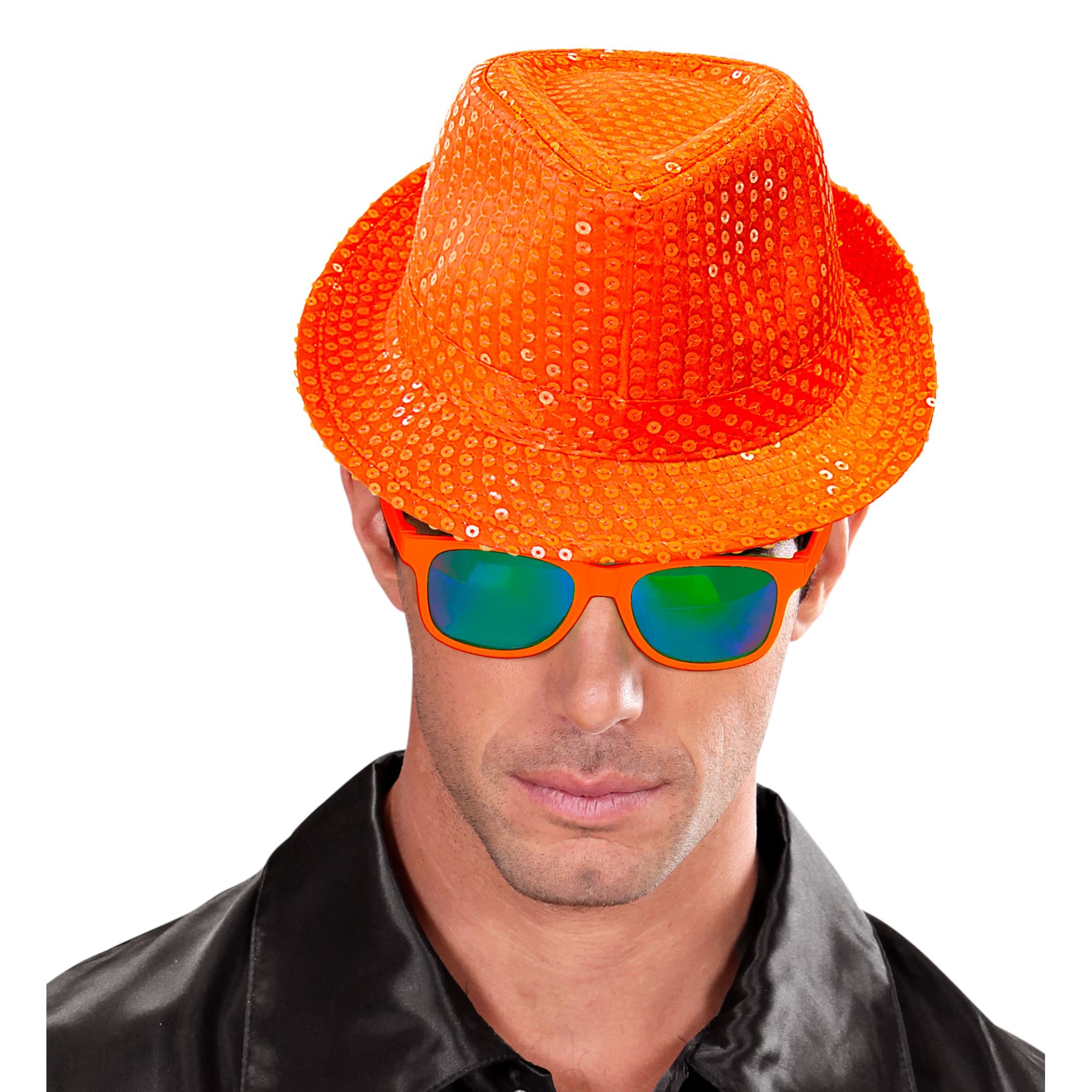 Oranje hoed met neon glitters / pailletten