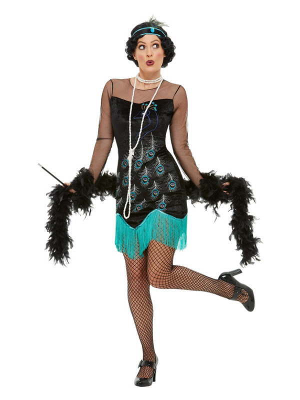 Mooi 20s Peacock Flapper kostuum in blauw met groen