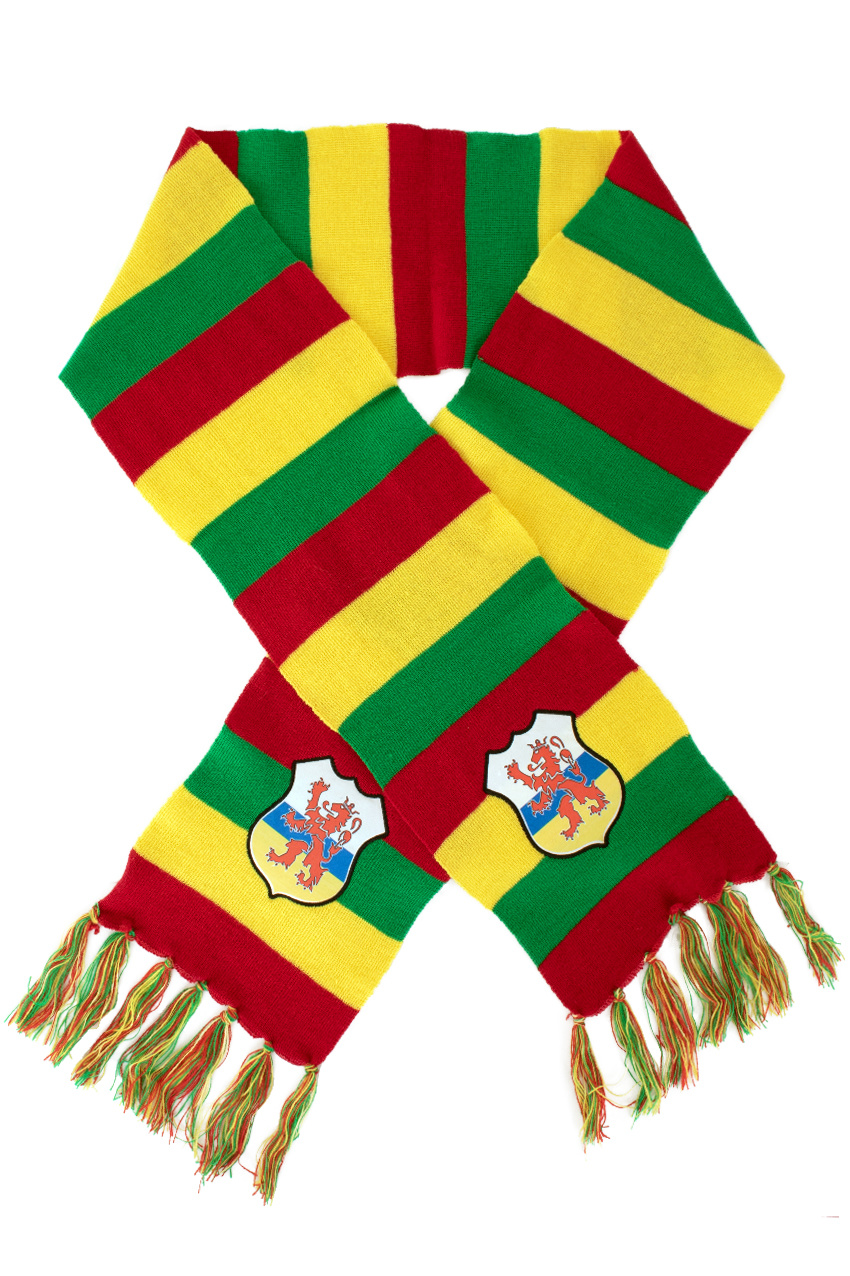 Sjaal gebreid rood/geel/groen met limburg logo