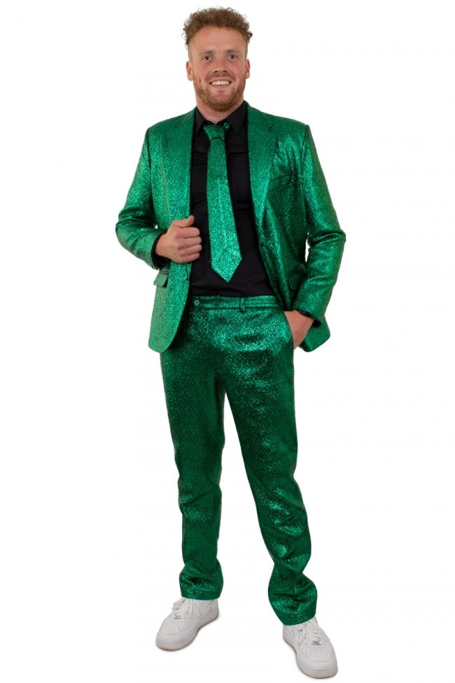 PartyXplosion - Landen Thema Kostuum - Glamour Green Metallic 3delig - Man - groen - Maat 58 - Kerst - Verkleedkleding