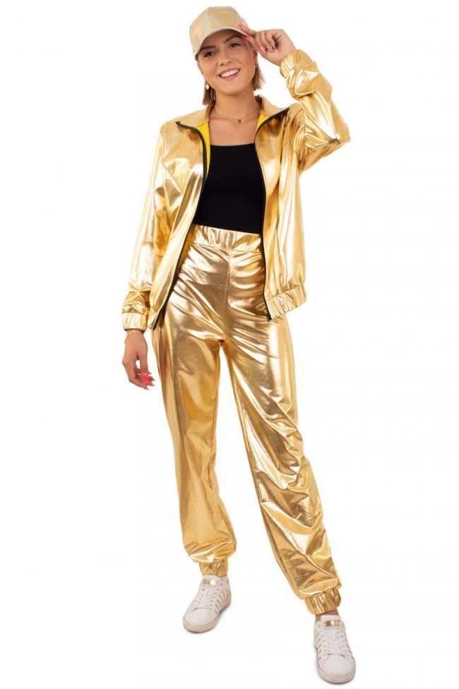 PartyXplosion - Glitter & Glamour Kostuum - Gouden Metallic Retro Trainingspak Proud To Be Goud Dames - Vrouw - goud - XXL - Carnavalskleding - Verkleedkleding - Carnaval kostuum d