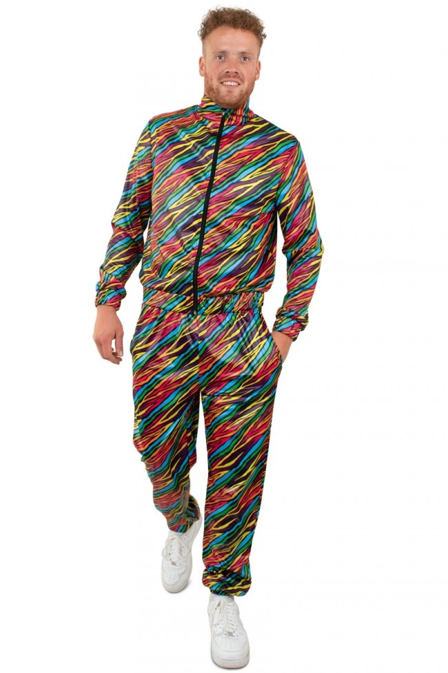 PartyXplosion - Jaren 80 & 90 Kostuum - Jaren 80 Retro Trainingspak Kleurige Zebra Strepen Heren - Man - multicolor - Medium - Carnavalskleding - Verkleedkleding