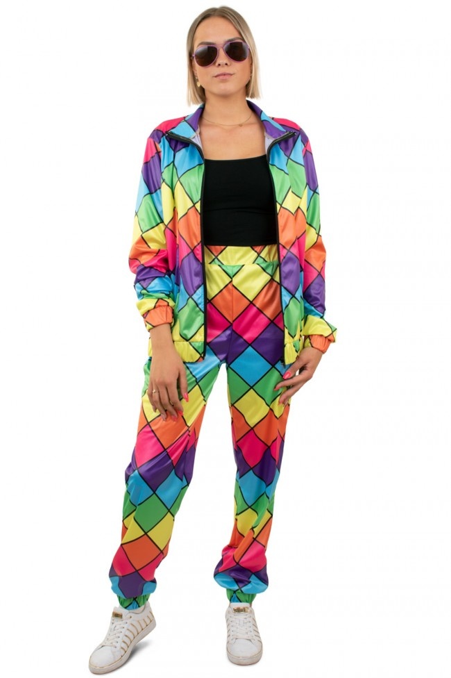 PartyXplosion - Jaren 80 & 90 Kostuum - Jaren 80 Retro Trainingspak Multicolor Ruit Dames - Vrouw - multicolor - Large - Carnavalskleding - Verkleedkleding