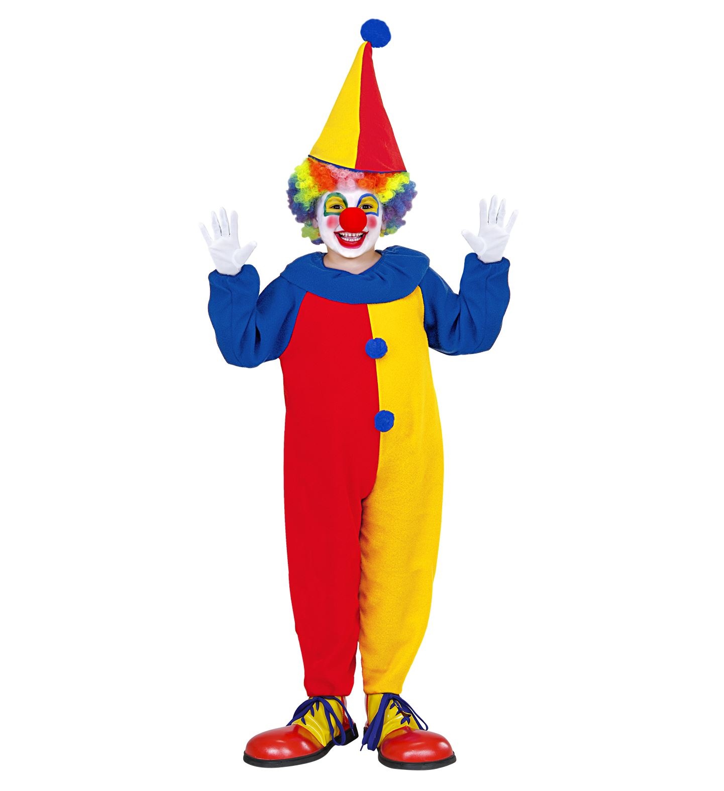 Widmann - Clown & Nar Kostuum - Circus Clown Hilarius Kind Kostuum - blauw,rood,geel - Maat 110 - Carnavalskleding - Verkleedkleding