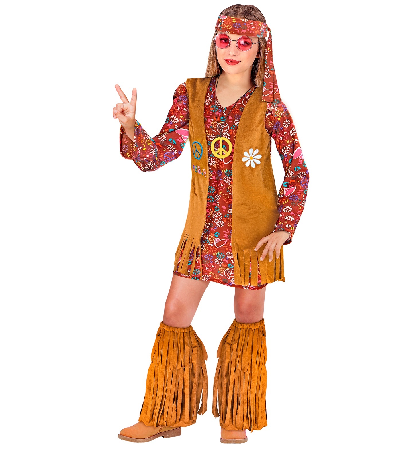 Widmann - Hippie Kostuum - Vredeskind Hippe Hanna - Meisje - rood,bruin - Maat 116 - Carnavalskleding - Verkleedkleding