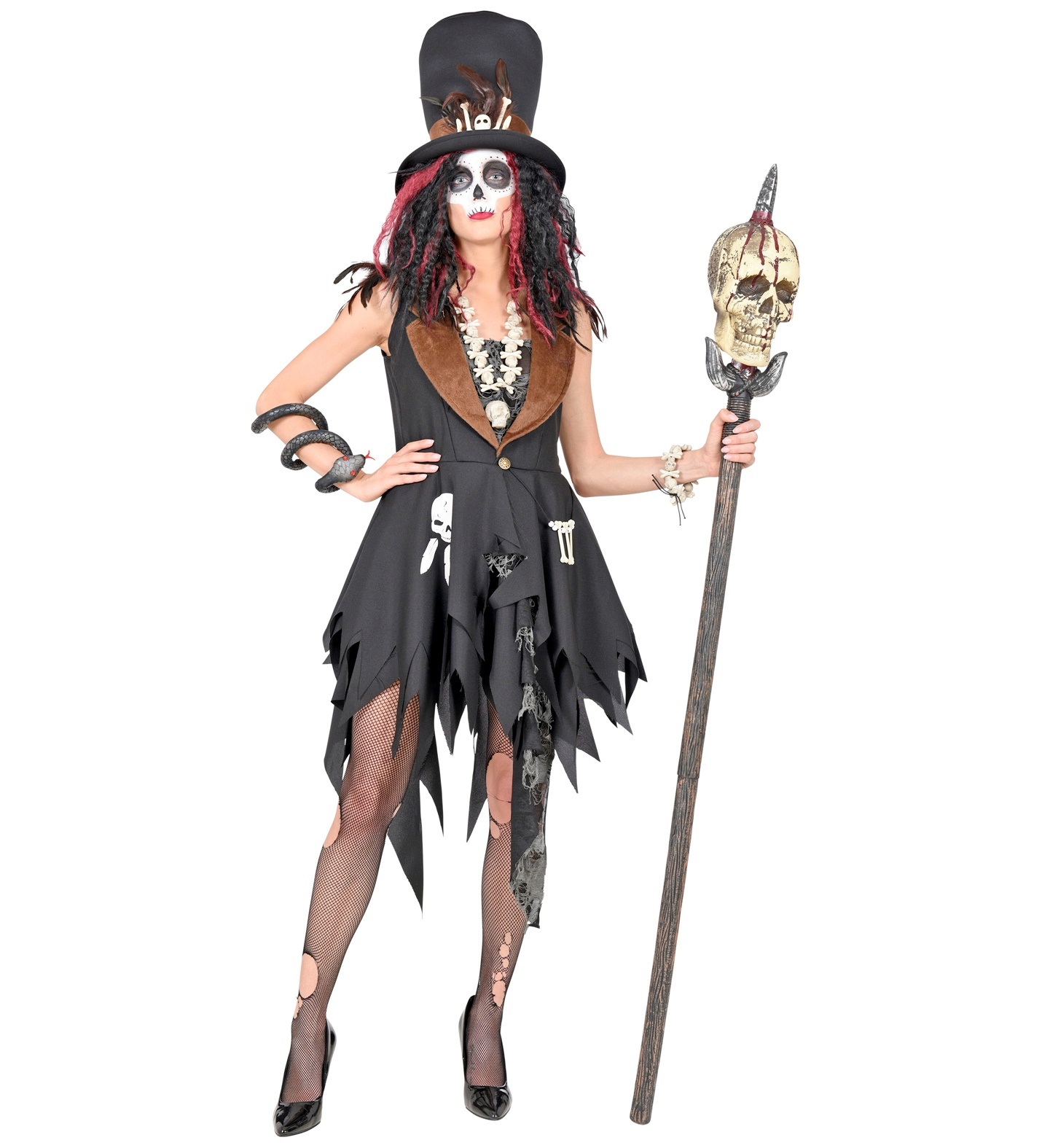 Widmann - Heks & Spider Lady & Voodoo & Duistere Religie Kostuum - Leidster Van Zwarte Voodoo Priesteres - Vrouw - bruin,zwart - Medium - Halloween - Verkleedkleding