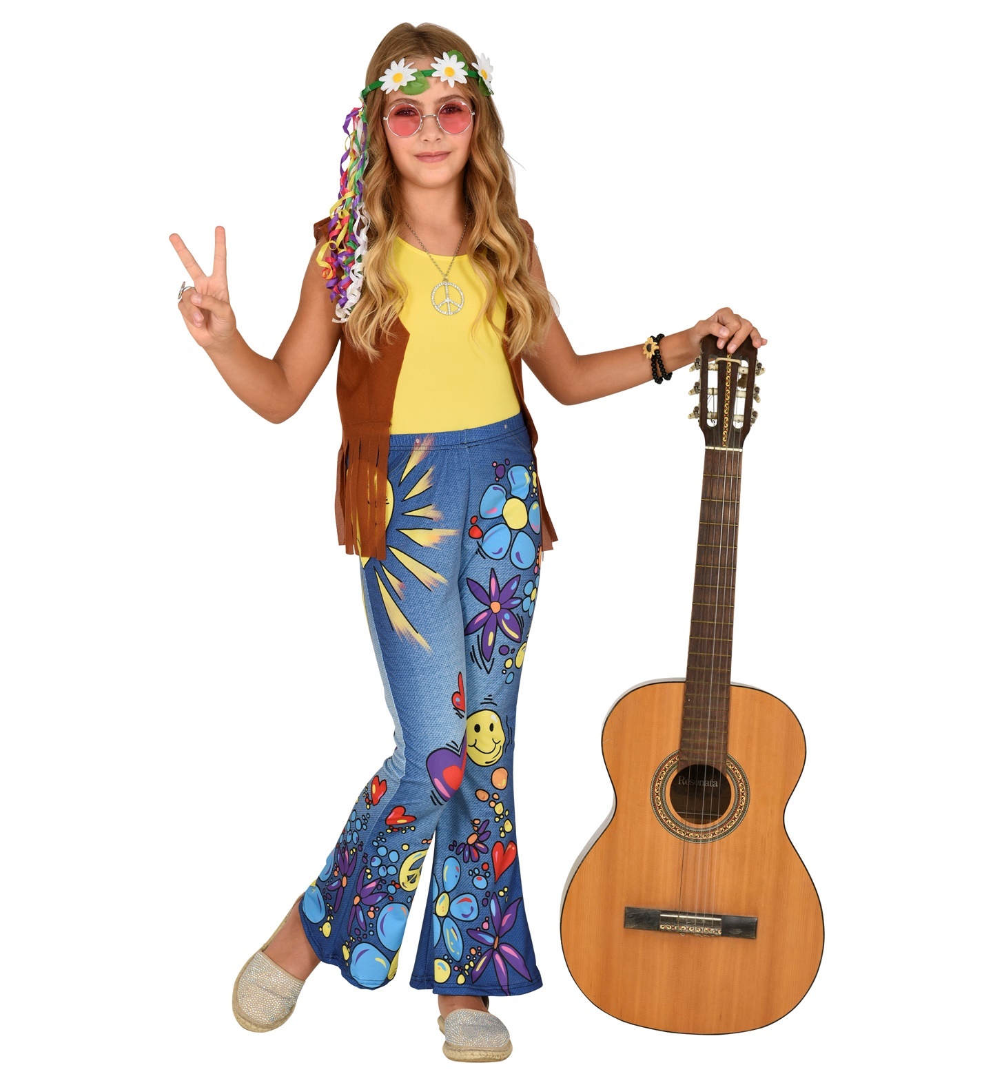 Widmann - Hippie Kostuum - 70s Legging Hippie Peace To The World Meisje - blauw - Maat 140 - Carnavalskleding - Verkleedkleding